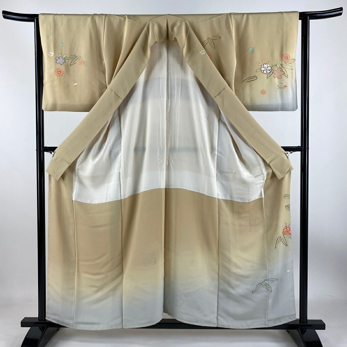 【庫存清倉】訪問服 身長157.5cm 袖長64cm M 雙層 櫻花 竹子葉 金銀彩 金絲 米色 純蠶絲 優品級 一個紋