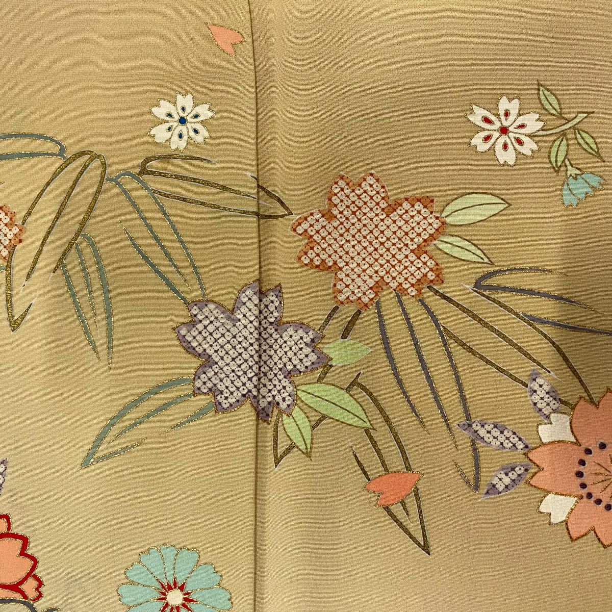 【庫存清倉】訪問服 身長157.5cm 袖長64cm M 雙層 櫻花 竹子葉 金銀彩 金絲 米色 純蠶絲 優品級 一個紋