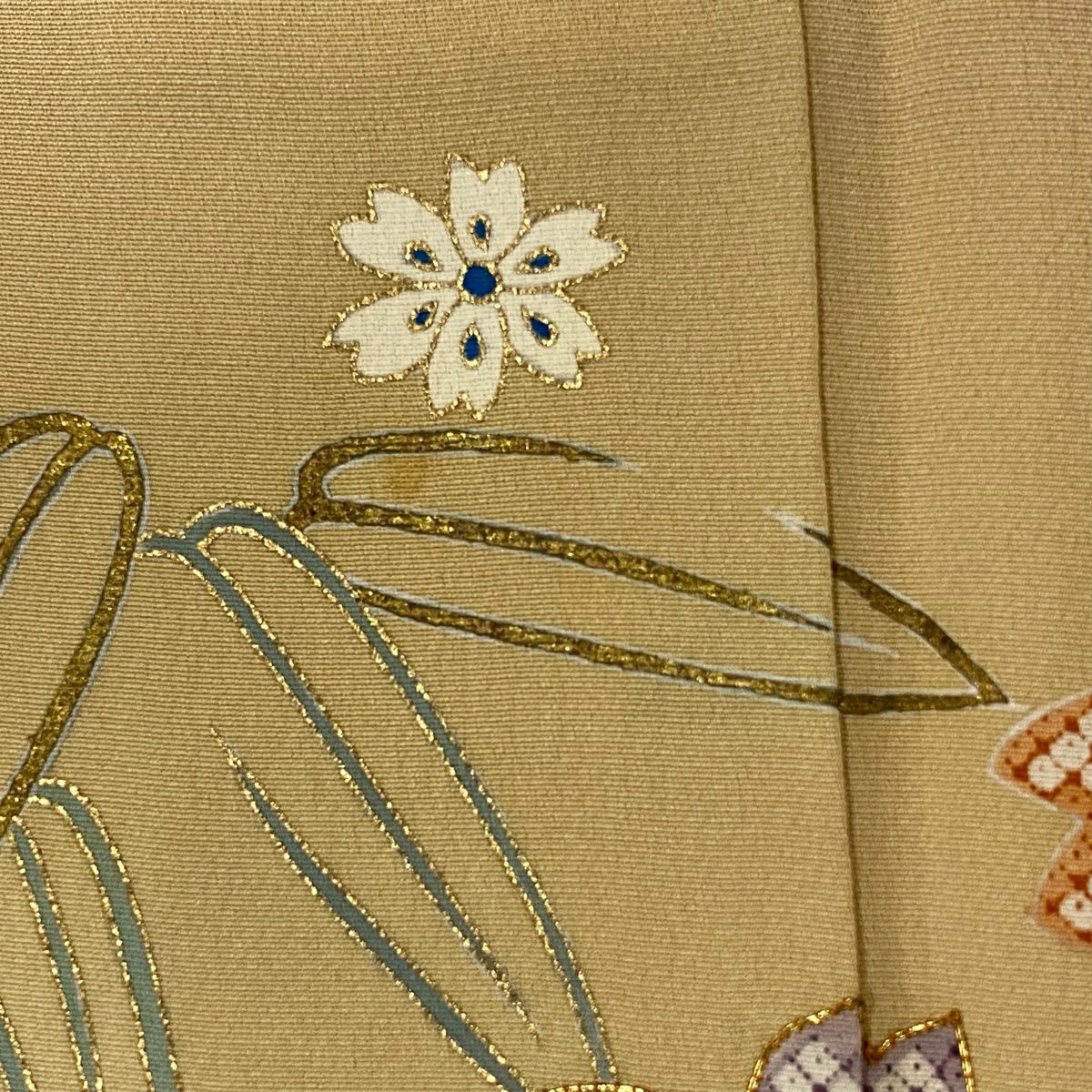 【庫存清倉】訪問服 身長157.5cm 袖長64cm M 雙層 櫻花 竹子葉 金銀彩 金絲 米色 純蠶絲 優品級 一個紋