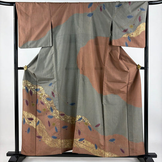 【庫存清倉】訪問服 身長158.5cm 袖長66cm M 單層 枝花 霞 金彩裝飾 絞染 灰綠 純蠶絲 優品級