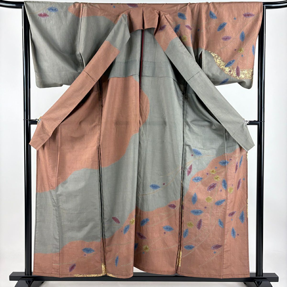 【庫存清倉】訪問服 身長158.5cm 袖長66cm M 單層 枝花 霞 金彩裝飾 絞染 灰綠 純蠶絲 優品級
