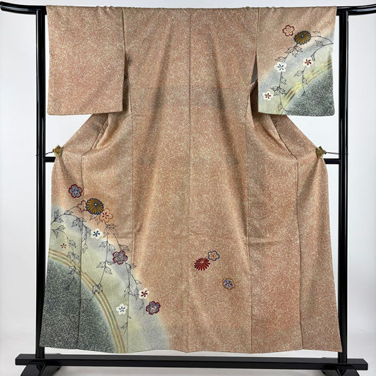 【庫存清倉】 付下 身長153cm 袖長63cm S 雙層 菊花 梅花 金銀彩 漸層 淺茶 純蠶絲 優品級