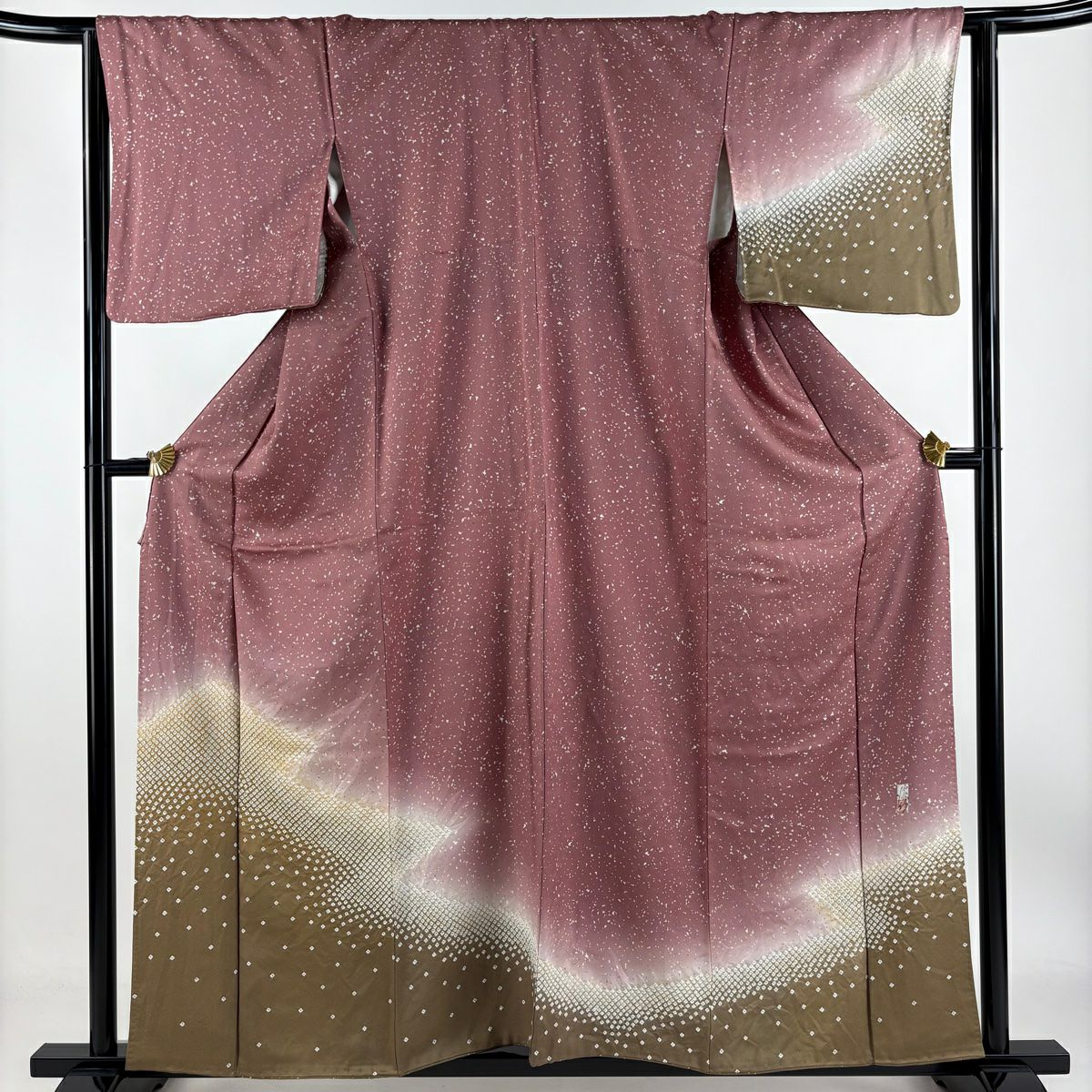 【庫存清倉】 付下 身長157.5cm 袖長64.5cm M 雙層 落款有 霞 幾何學 絞染 金彩裝飾 紅紫 純蠶絲 優品級