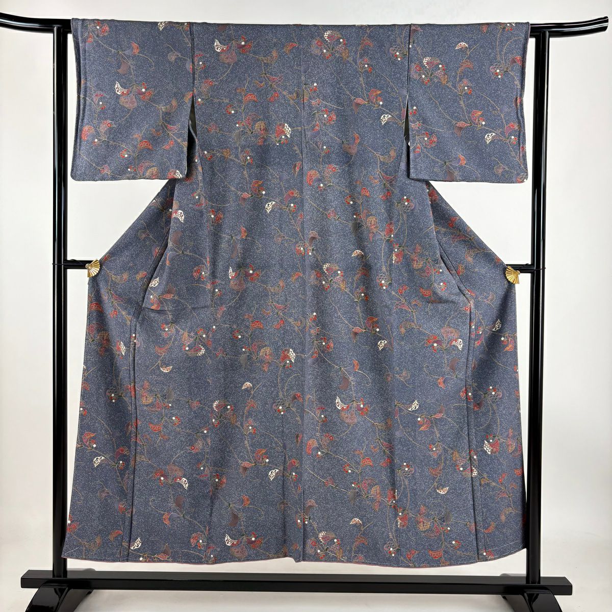 【庫存清倉】 小紋 身長151.5cm 袖長61.5cm S 雙層 葉與果實 金銀彩 青紫 純蠶絲 美品 秀品級