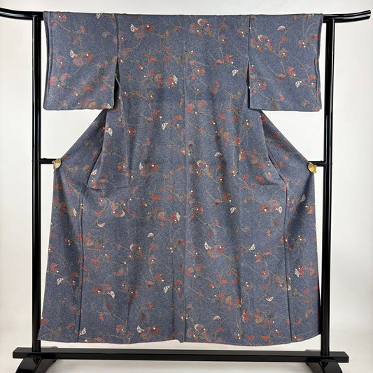 【庫存清倉】 小紋 身長151.5cm 袖長61.5cm S 雙層 葉與果實 金銀彩 青紫 純蠶絲 美品 秀品級