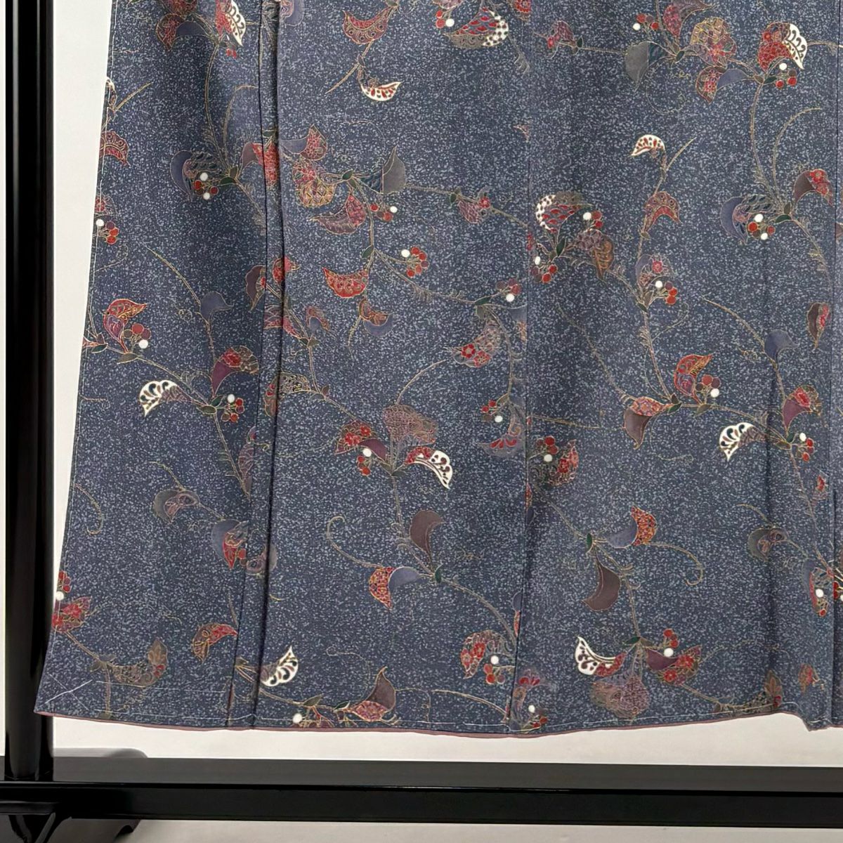 【庫存清倉】 小紋 身長151.5cm 袖長61.5cm S 雙層 葉與果實 金銀彩 青紫 純蠶絲 美品 秀品級