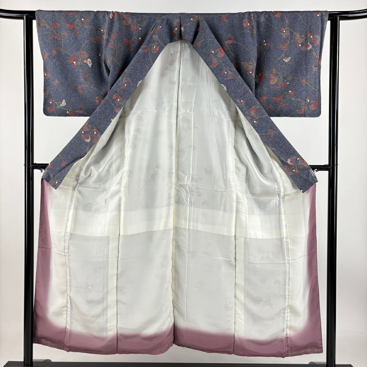 【庫存清倉】 小紋 身長151.5cm 袖長61.5cm S 雙層 葉與果實 金銀彩 青紫 純蠶絲 美品 秀品級