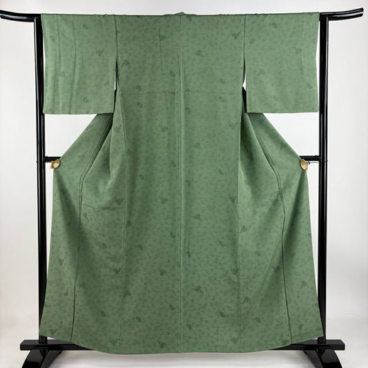 【清倉特賣】 小紋 身長159cm 袖長63.5cm S 雙層 佩斯利 花唐草紋 艾草綠 純蠶絲 優品級
