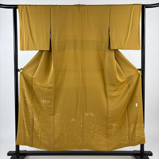 【庫存清倉】 付下 身長152.5cm 袖長62cm S 雙層 押田正義 落款あり 仙鶴 草花紋 山吹茶 純蠶絲 秀品級 一つ紋
