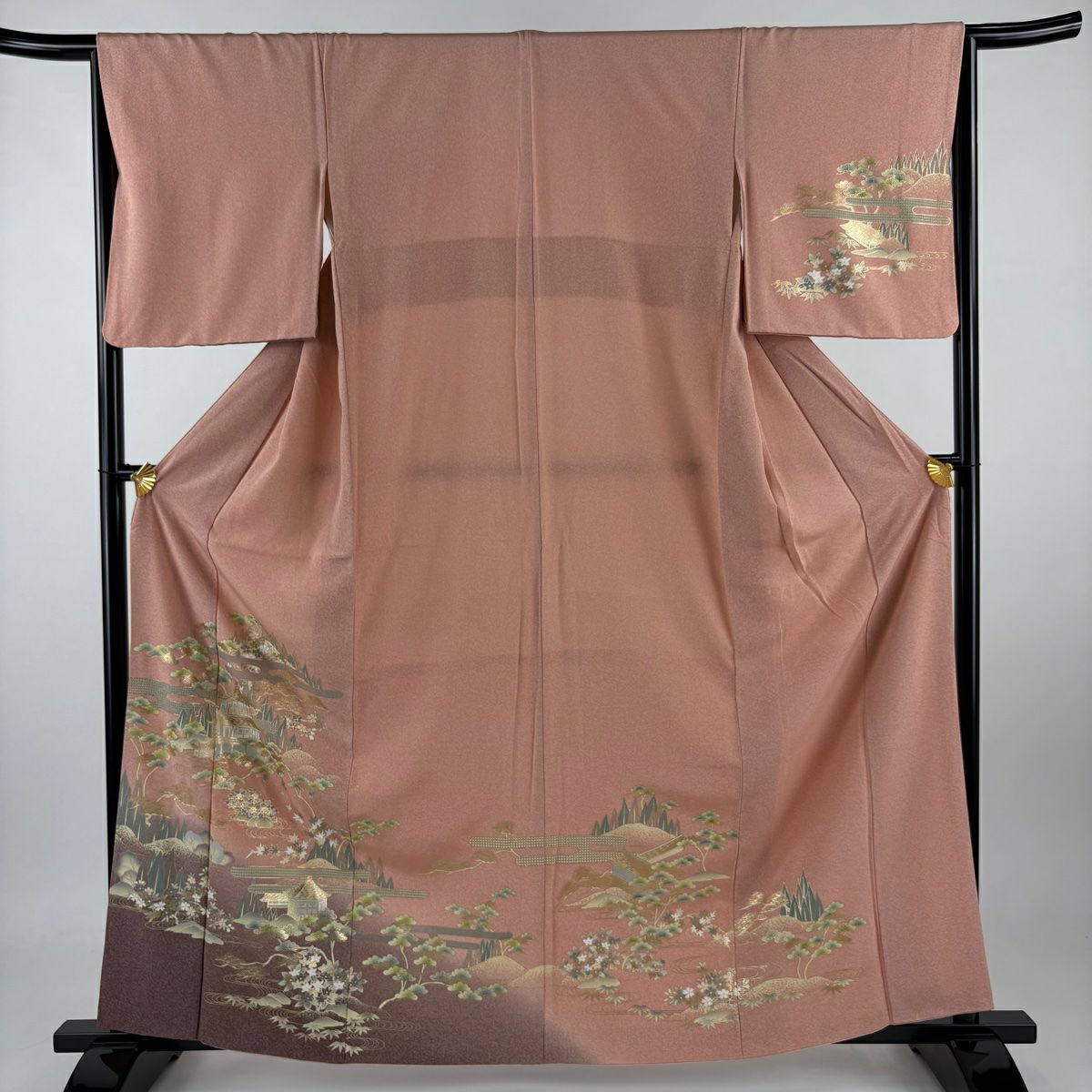 【庫存清倉】 付下 身長161cm 袖長65cm M 雙層 建物 ヱ霞繪 金銀彩 染分 鮭粉色 純蠶絲 美品 秀品級