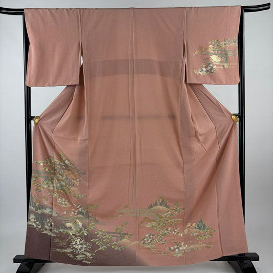 【庫存清倉】 付下 身長161cm 袖長65cm M 雙層 建物 ヱ霞繪 金銀彩 染分 鮭粉色 純蠶絲 美品 秀品級