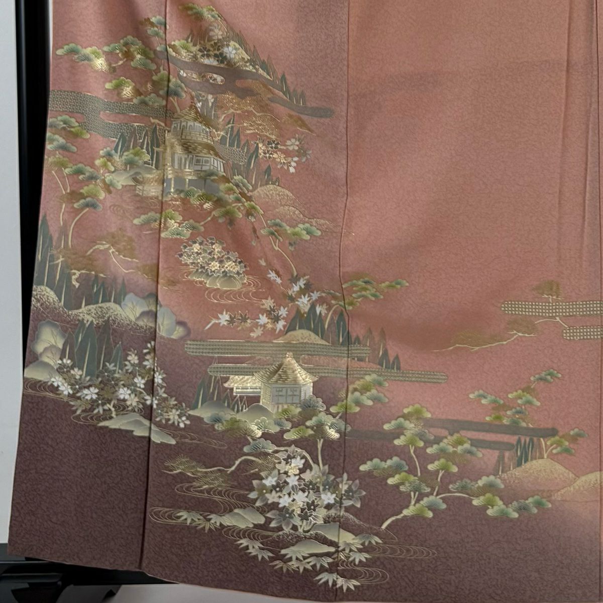 【庫存清倉】 付下 身長161cm 袖長65cm M 雙層 建物 ヱ霞繪 金銀彩 染分 鮭粉色 純蠶絲 美品 秀品級