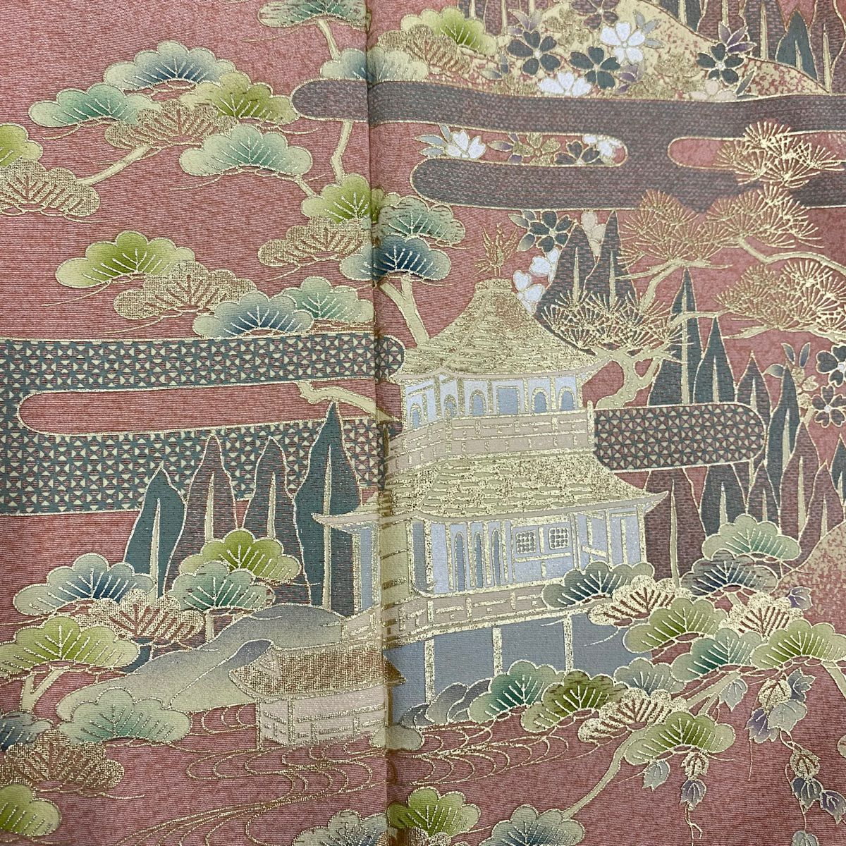 【庫存清倉】 付下 身長161cm 袖長65cm M 雙層 建物 ヱ霞繪 金銀彩 染分 鮭粉色 純蠶絲 美品 秀品級