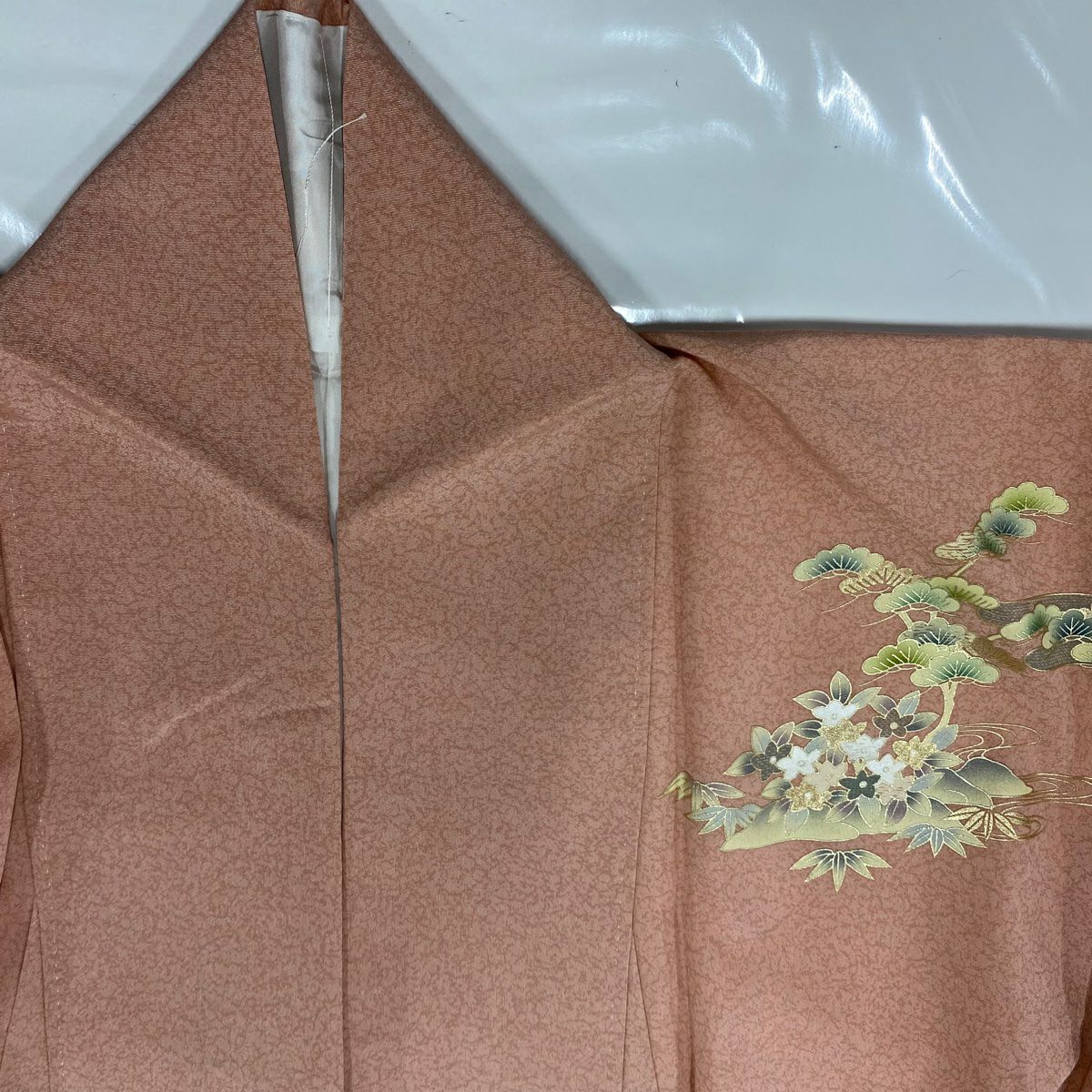 【庫存清倉】 付下 身長161cm 袖長65cm M 雙層 建物 ヱ霞繪 金銀彩 染分 鮭粉色 純蠶絲 美品 秀品級