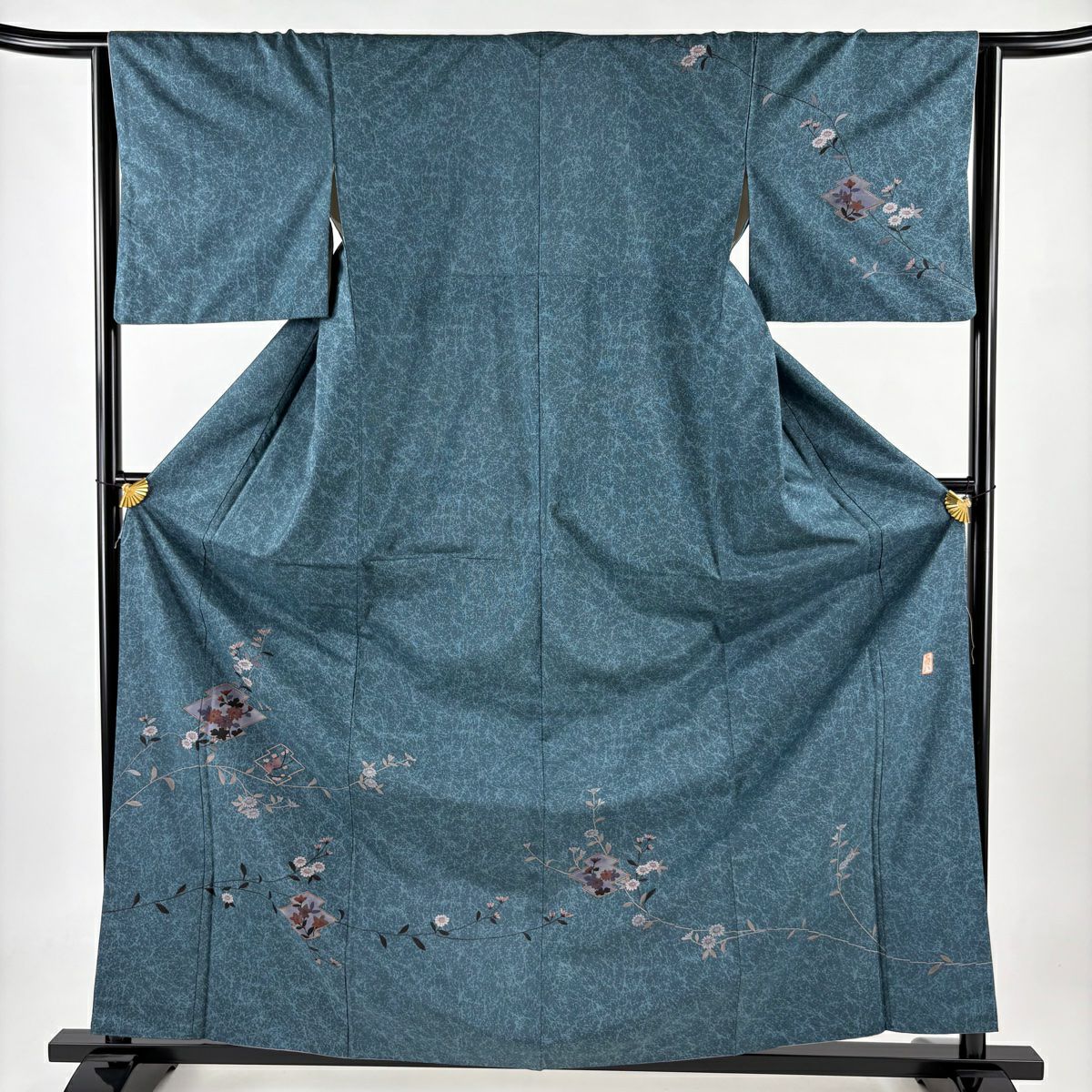 【清倉特賣】 付下 身長163.5cm 袖長64cm M 雙層 紬織織 落款 松樹皮菱 菊花花 金銀彩 青綠 純蠶絲 優品級