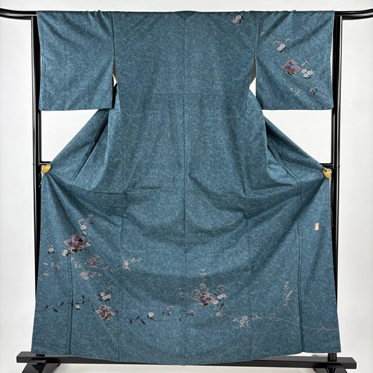 【清倉特賣】 付下 身長163.5cm 袖長64cm M 雙層 紬織織 落款 松樹皮菱 菊花花 金銀彩 青綠 純蠶絲 優品級