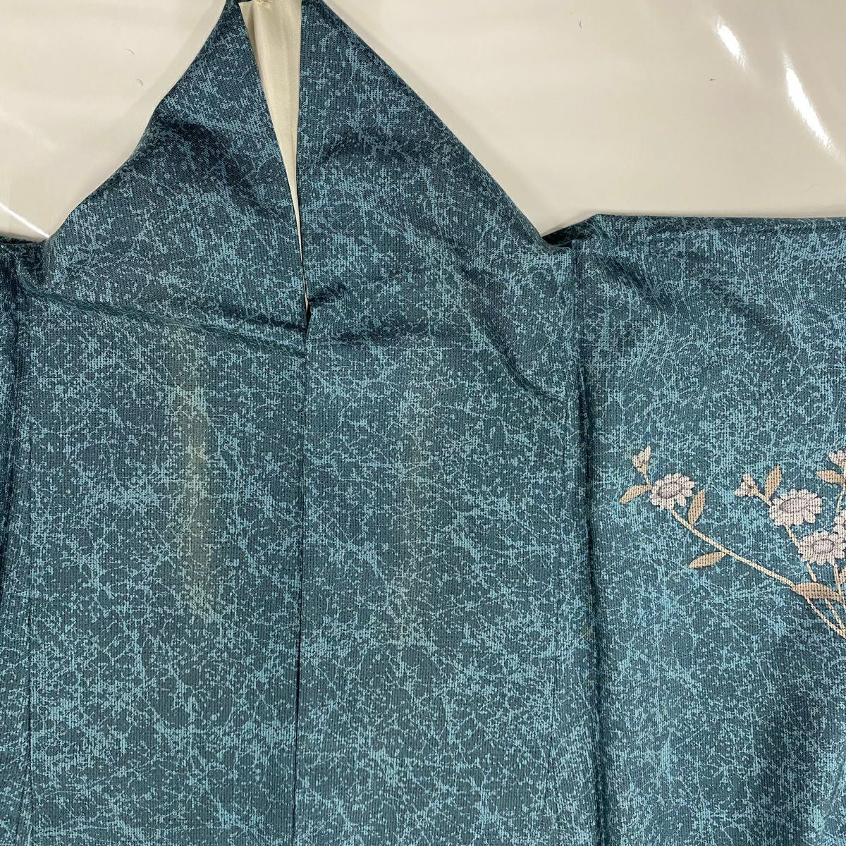 【清倉特賣】 付下 身長163.5cm 袖長64cm M 雙層 紬織織 落款 松樹皮菱 菊花花 金銀彩 青綠 純蠶絲 優品級