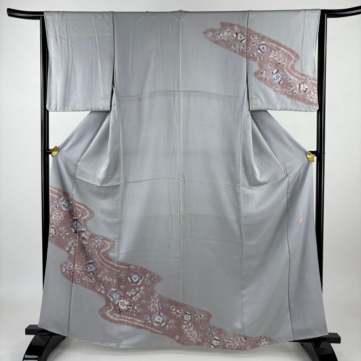 【庫存清倉】訪問服 身長163cm 袖長64cm M 雙層 落款 草花紋紋 霞 絞染 漸層 灰色 純蠶絲 優品級