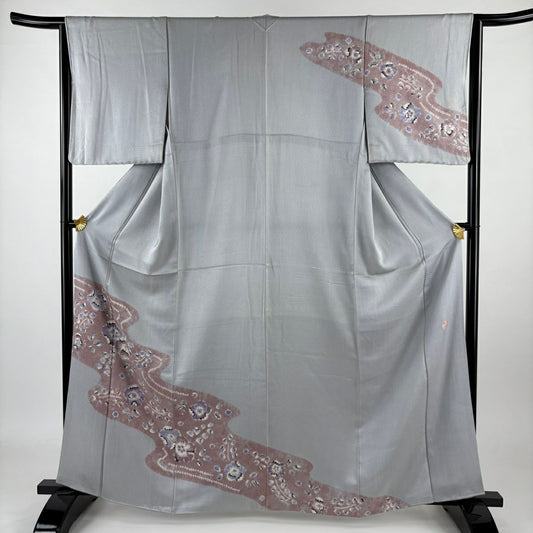 【庫存清倉】訪問服 身長163cm 袖長64cm M 雙層 落款 草花紋紋 霞 絞染 漸層 灰色 純蠶絲 優品級