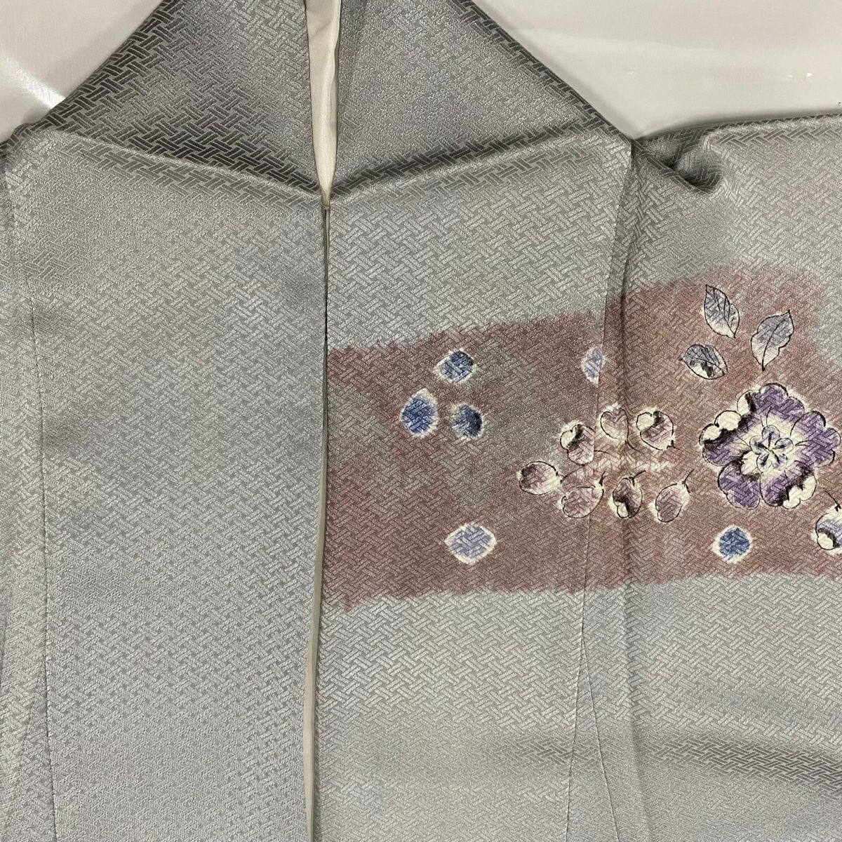 【庫存清倉】訪問服 身長163cm 袖長64cm M 雙層 落款 草花紋紋 霞 絞染 漸層 灰色 純蠶絲 優品級