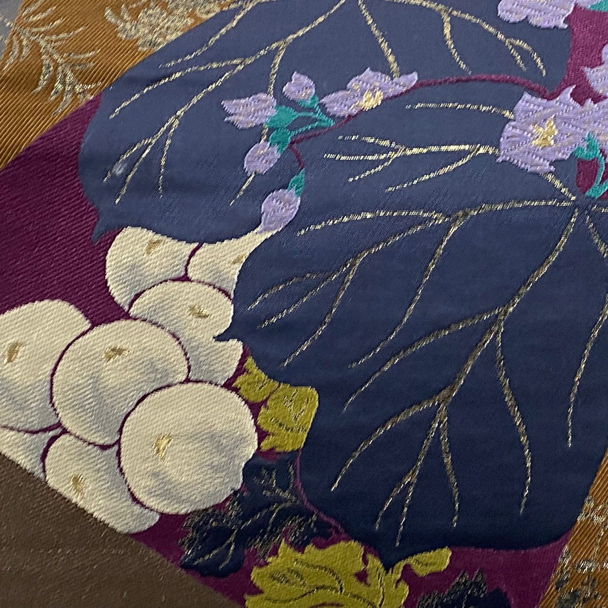 【庫存清倉】 袋帶 逸品級 中村乃武夫 落款 草花紋 波 金絲 金金箔 灰茶 六通 純蠶絲