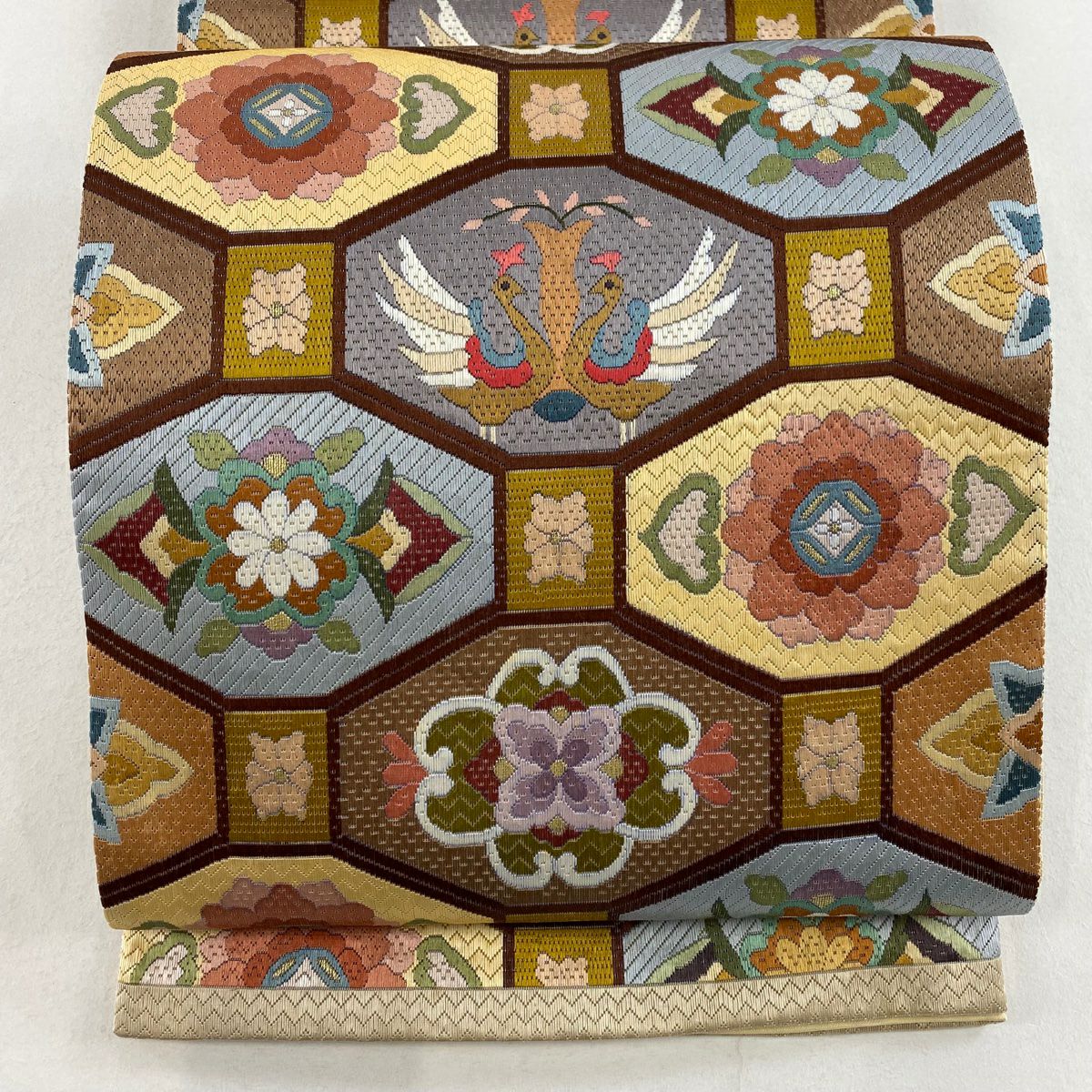 【庫存清倉】 袋帶 逸品級 向鳥文 花 金絲 刺繡 茶 全通 純蠶絲