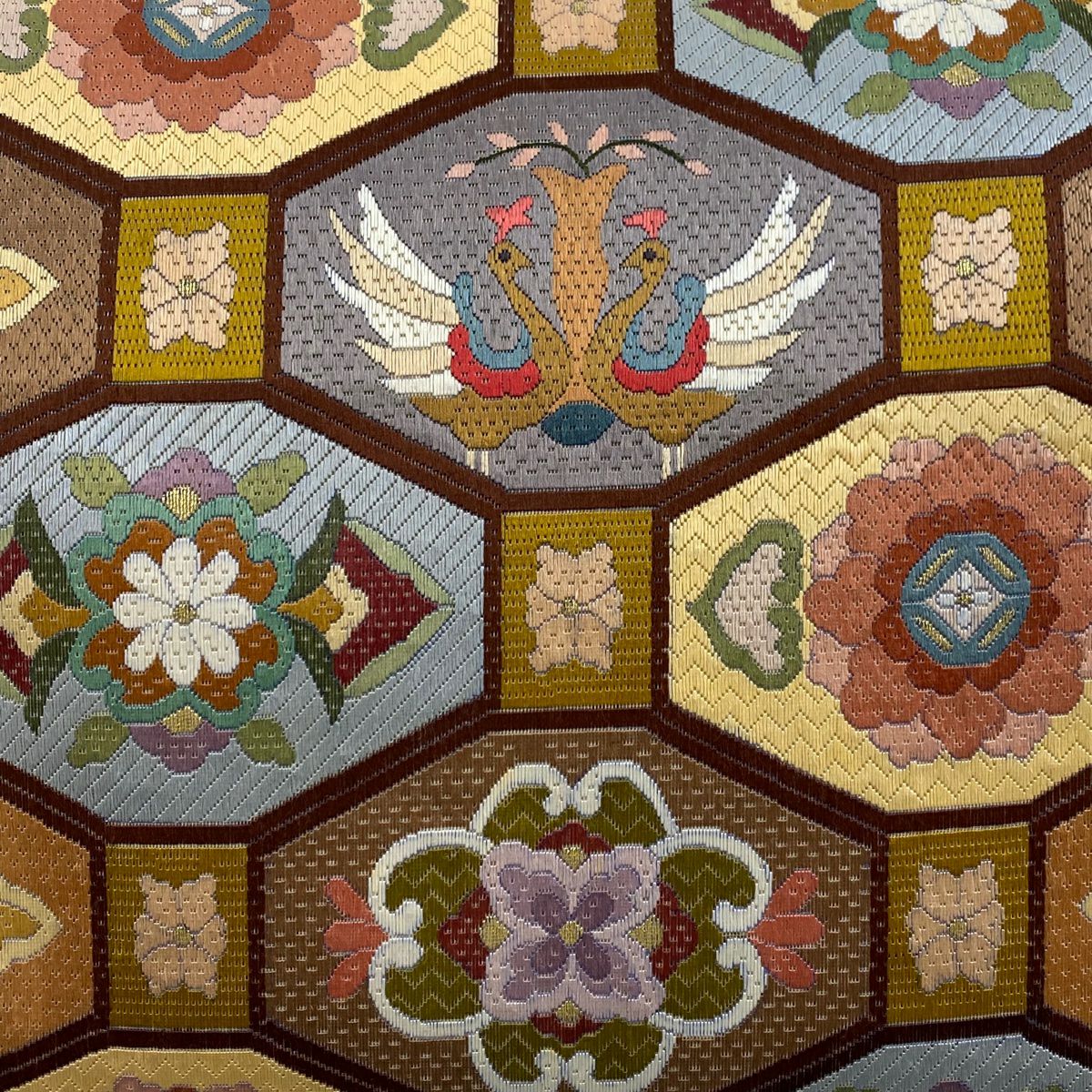 【庫存清倉】 袋帶 逸品級 向鳥文 花 金絲 刺繡 茶 全通 純蠶絲