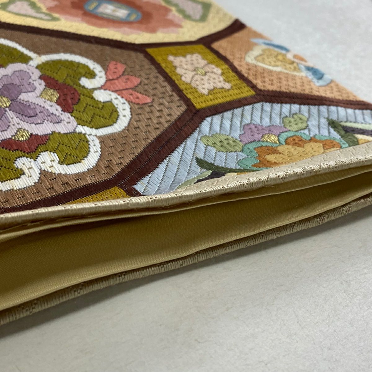 【庫存清倉】 袋帶 逸品級 向鳥文 花 金絲 刺繡 茶 全通 純蠶絲