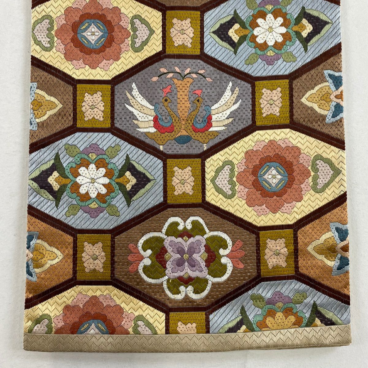 【庫存清倉】 袋帶 逸品級 向鳥文 花 金絲 刺繡 茶 全通 純蠶絲