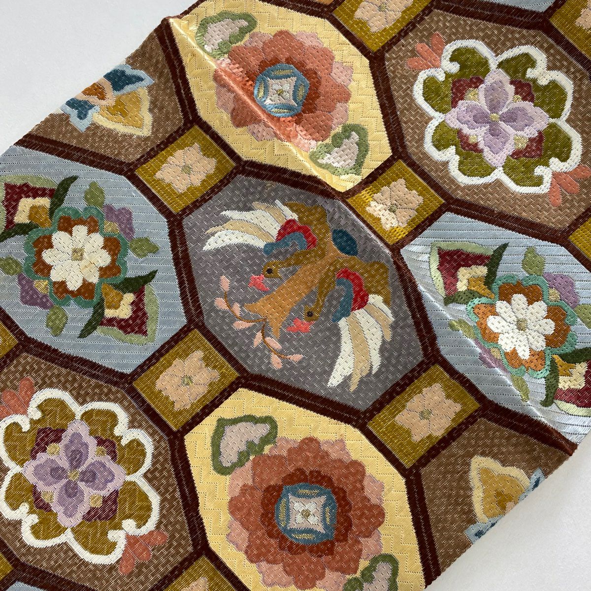 【庫存清倉】 袋帶 逸品級 向鳥文 花 金絲 刺繡 茶 全通 純蠶絲