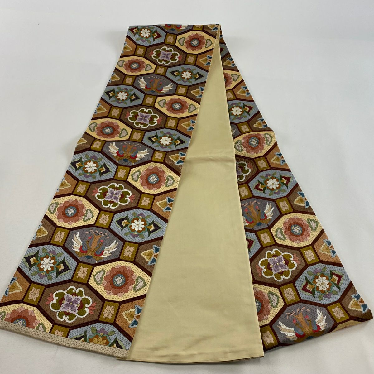 【庫存清倉】 袋帶 逸品級 向鳥文 花 金絲 刺繡 茶 全通 純蠶絲