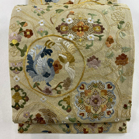 【庫存清倉】 袋帶 逸品級 鏡裏文 花鳥 刺繡 金線 米色 六通 純蠶絲