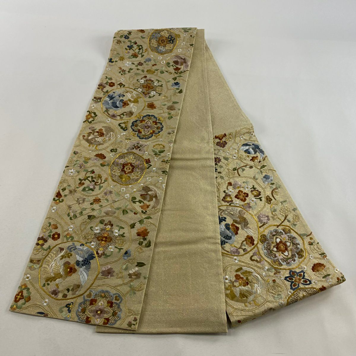 【庫存清倉】 袋帶 逸品級 鏡裏文 花鳥 刺繡 金線 米色 六通 純蠶絲