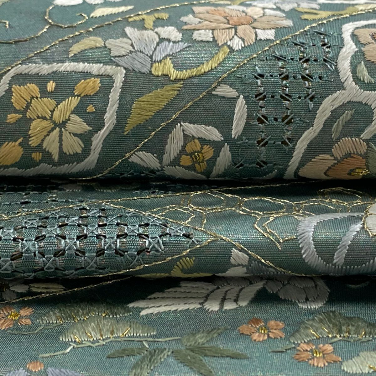 【庫存清倉】 袋帶 美品 逸品級 華紋 寶物滿載 刺繡 金金箔 綠 六通 純蠶絲