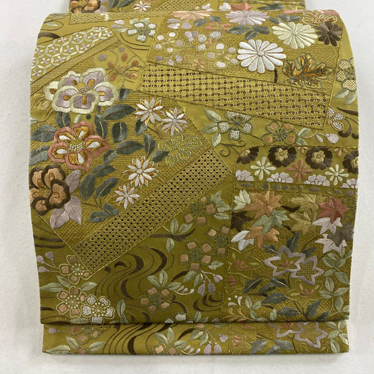 【庫存清倉】 袋帶 美品 逸品級 草花紋紋 流水刺繡 金絲 茶綠 六通 純蠶絲