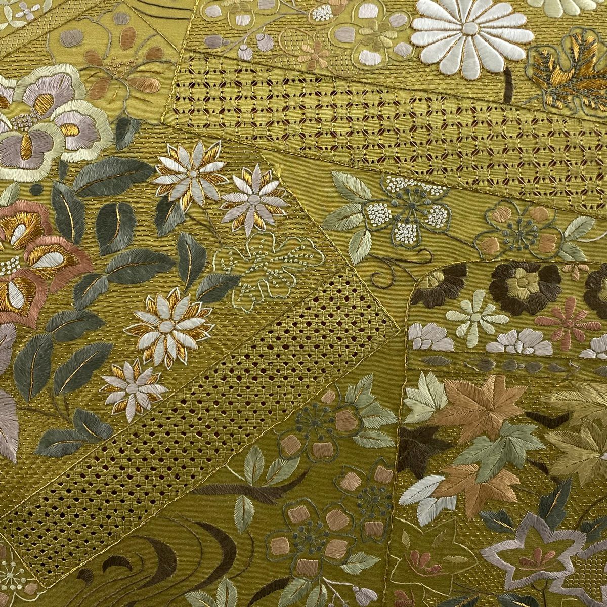 【庫存清倉】 袋帶 美品 逸品級 草花紋紋 流水刺繡 金絲 茶綠 六通 純蠶絲