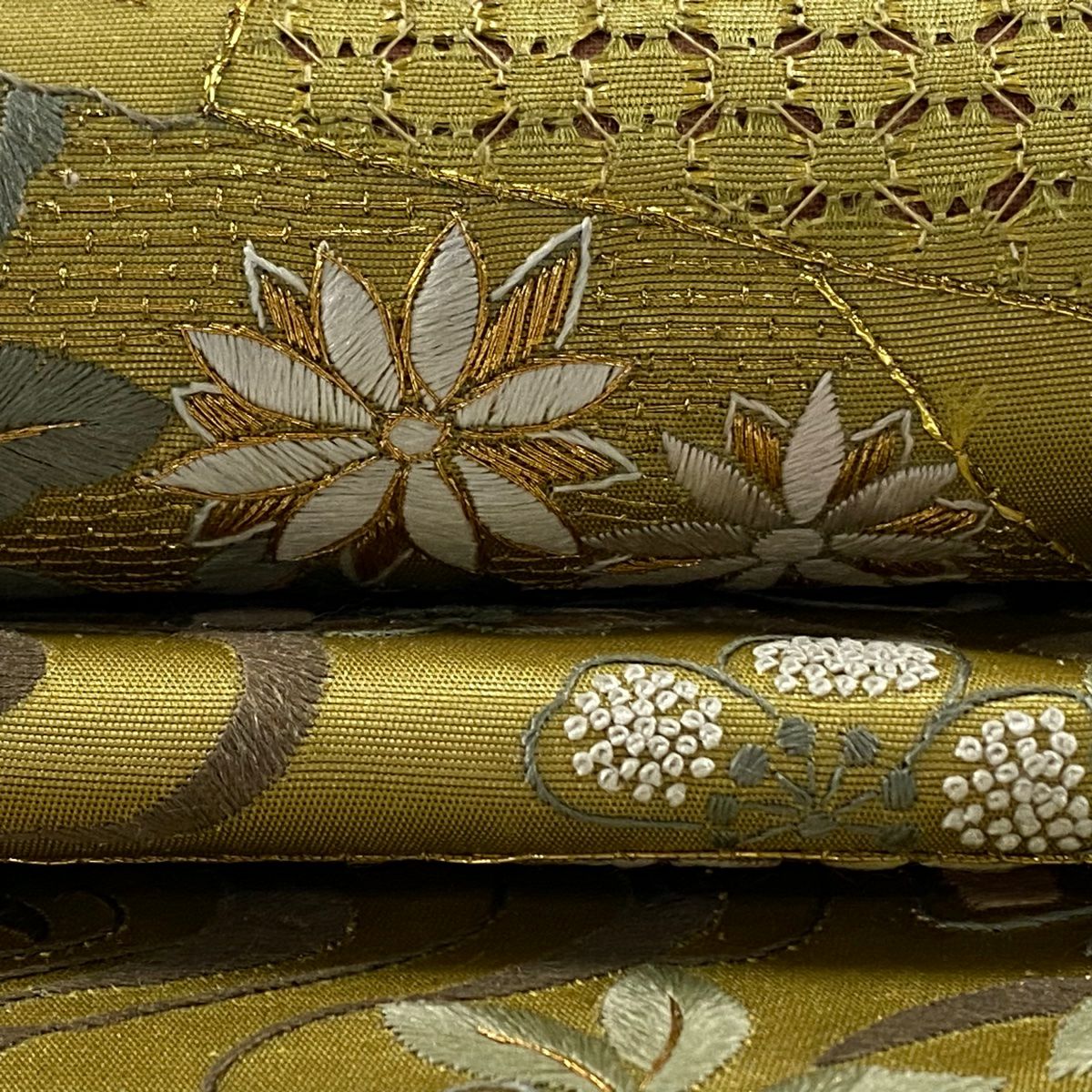 【庫存清倉】 袋帶 美品 逸品級 草花紋紋 流水刺繡 金絲 茶綠 六通 純蠶絲