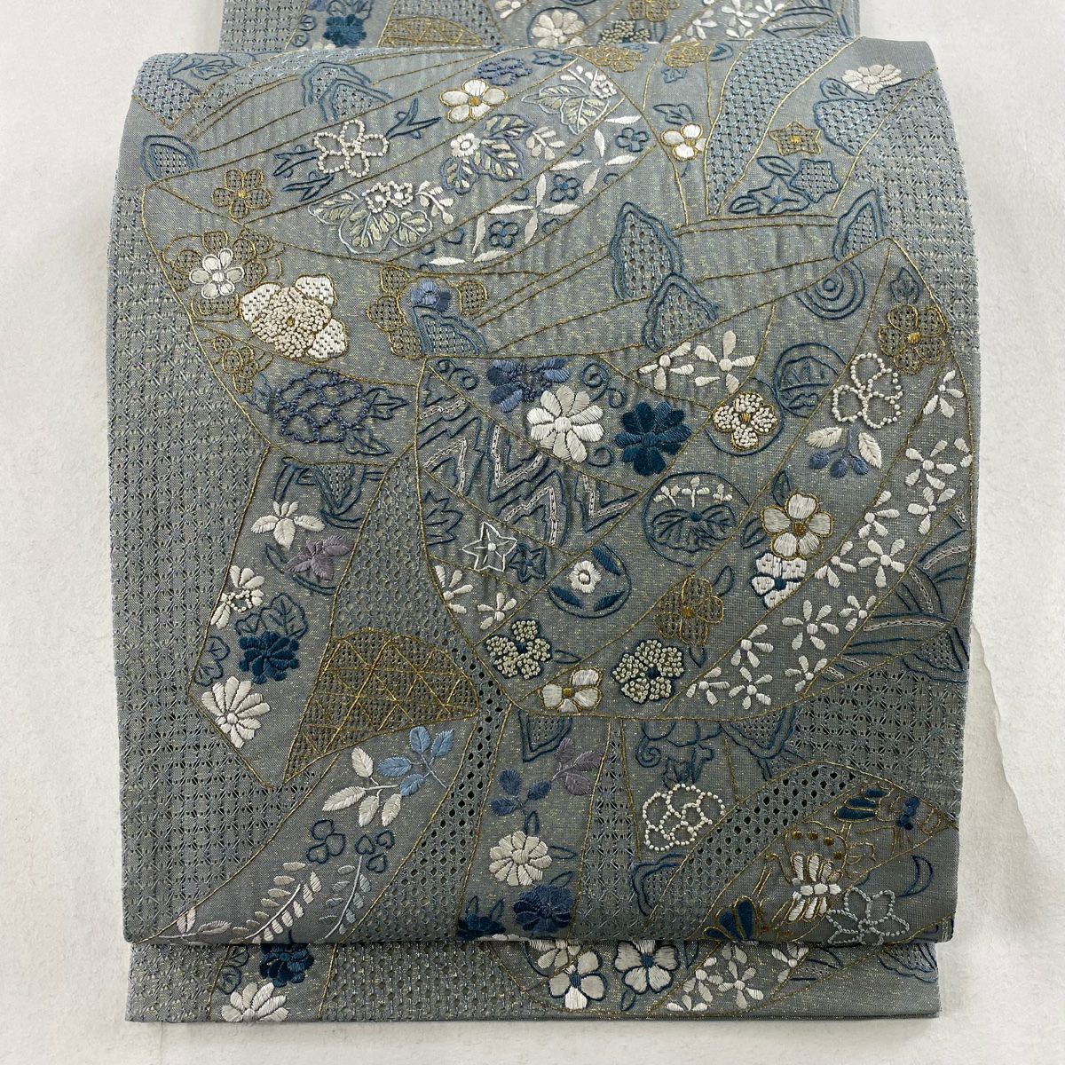 【庫存清倉】 袋帶 逸品級 線卷 草花紋刺繡 金線 青灰色 六通 純蠶絲