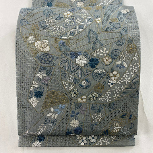 【庫存清倉】 袋帶 逸品級 線卷 草花紋刺繡 金線 青灰色 六通 純蠶絲