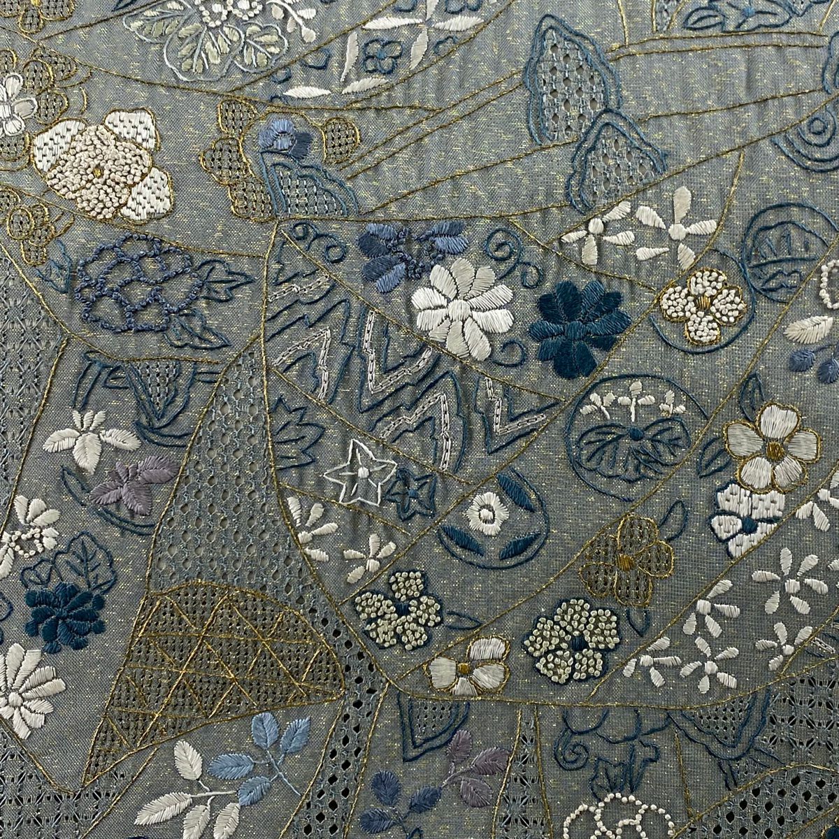 【庫存清倉】 袋帶 逸品級 線卷 草花紋刺繡 金線 青灰色 六通 純蠶絲