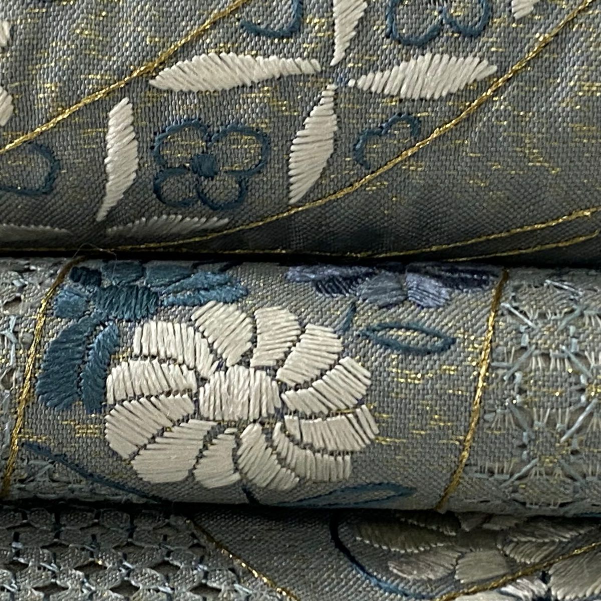 【庫存清倉】 袋帶 逸品級 線卷 草花紋刺繡 金線 青灰色 六通 純蠶絲