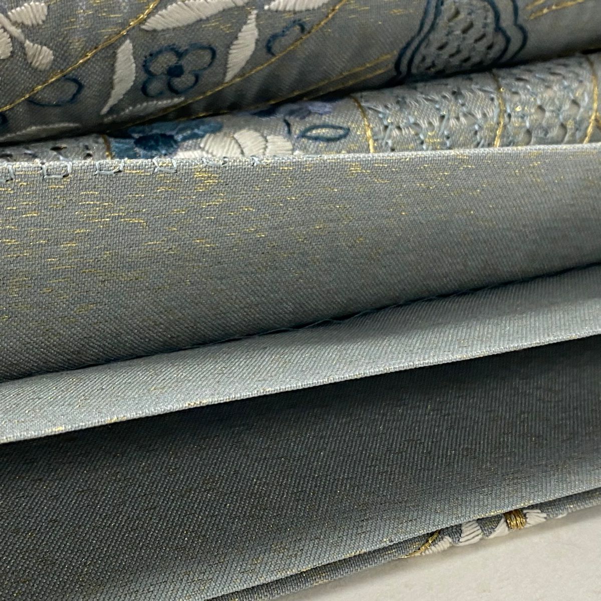 【庫存清倉】 袋帶 逸品級 線卷 草花紋刺繡 金線 青灰色 六通 純蠶絲