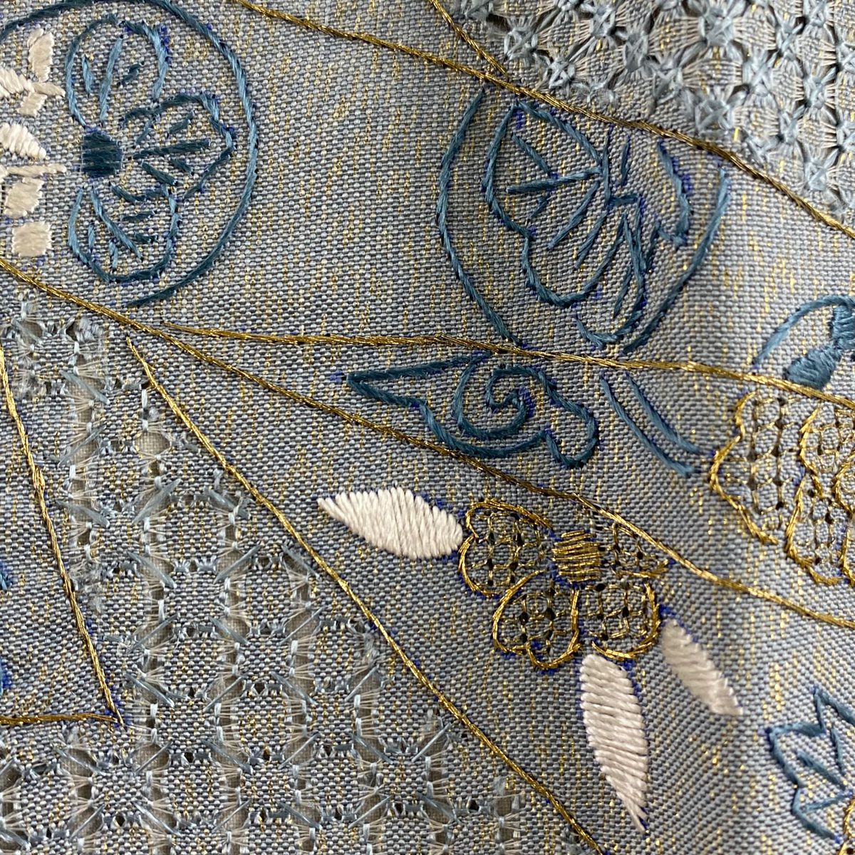 【庫存清倉】 袋帶 逸品級 線卷 草花紋刺繡 金線 青灰色 六通 純蠶絲