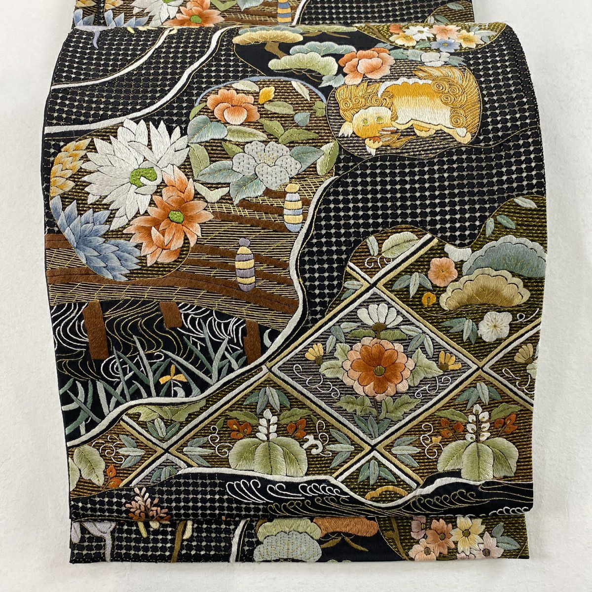 【庫存清倉】 袋帶 美品 逸品級 唐獅子 松樹竹子梅花 刺繡 金絲 黑 六通 純蠶絲