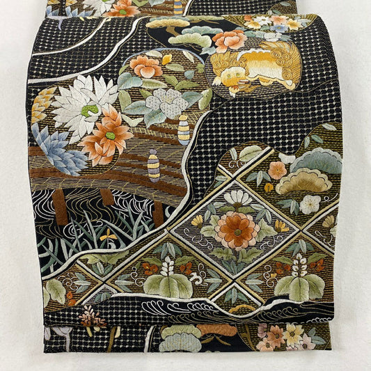 【庫存清倉】 袋帶 美品 逸品級 唐獅子 松樹竹子梅花 刺繡 金絲 黑 六通 純蠶絲