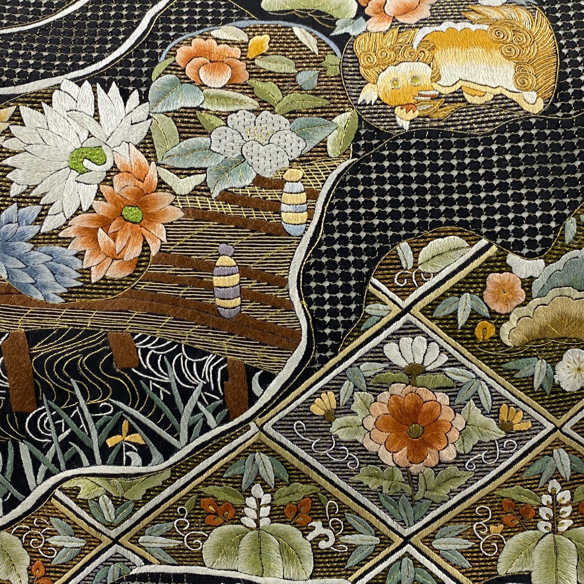 【庫存清倉】 袋帶 美品 逸品級 唐獅子 松樹竹子梅花 刺繡 金絲 黑 六通 純蠶絲