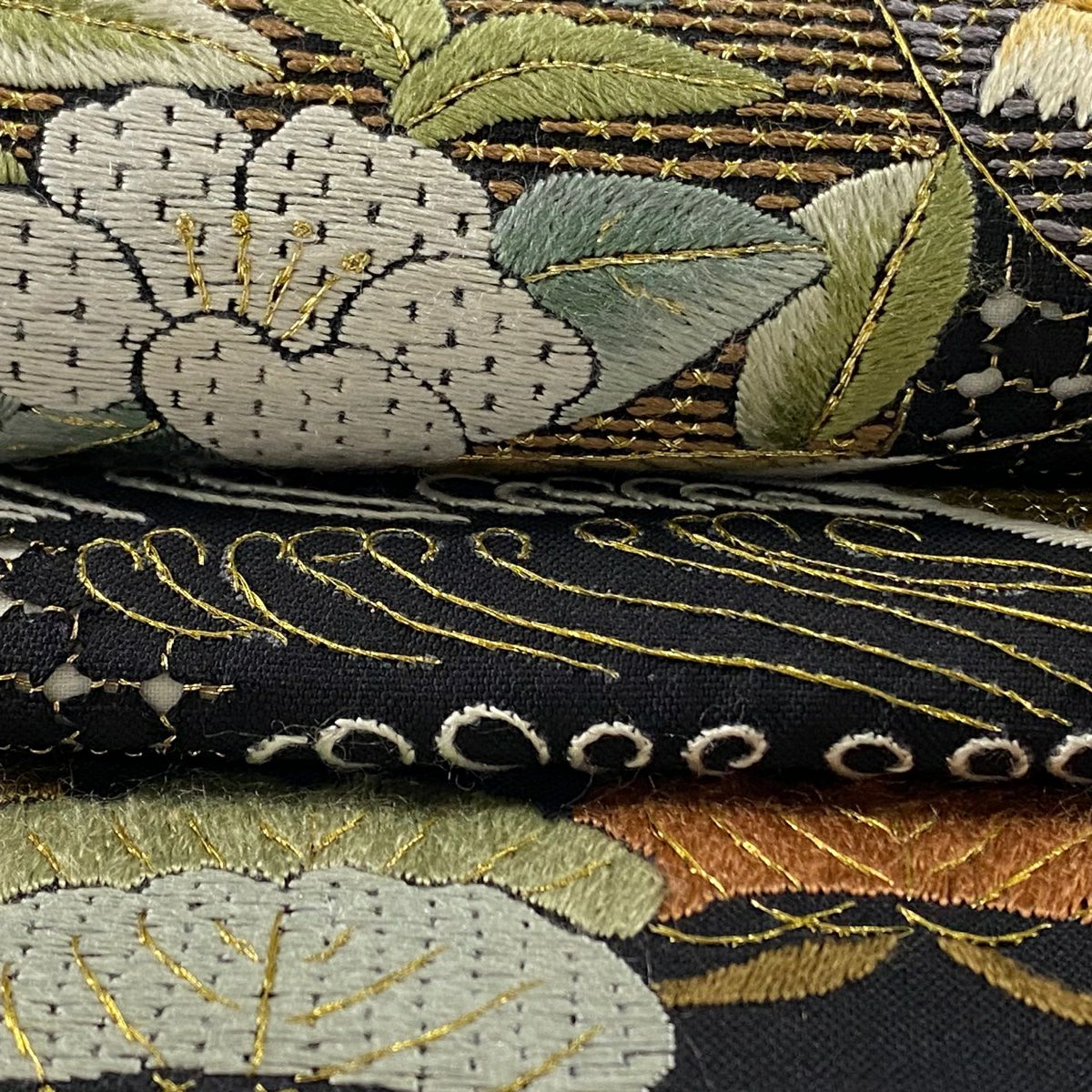 【庫存清倉】 袋帶 美品 逸品級 唐獅子 松樹竹子梅花 刺繡 金絲 黑 六通 純蠶絲