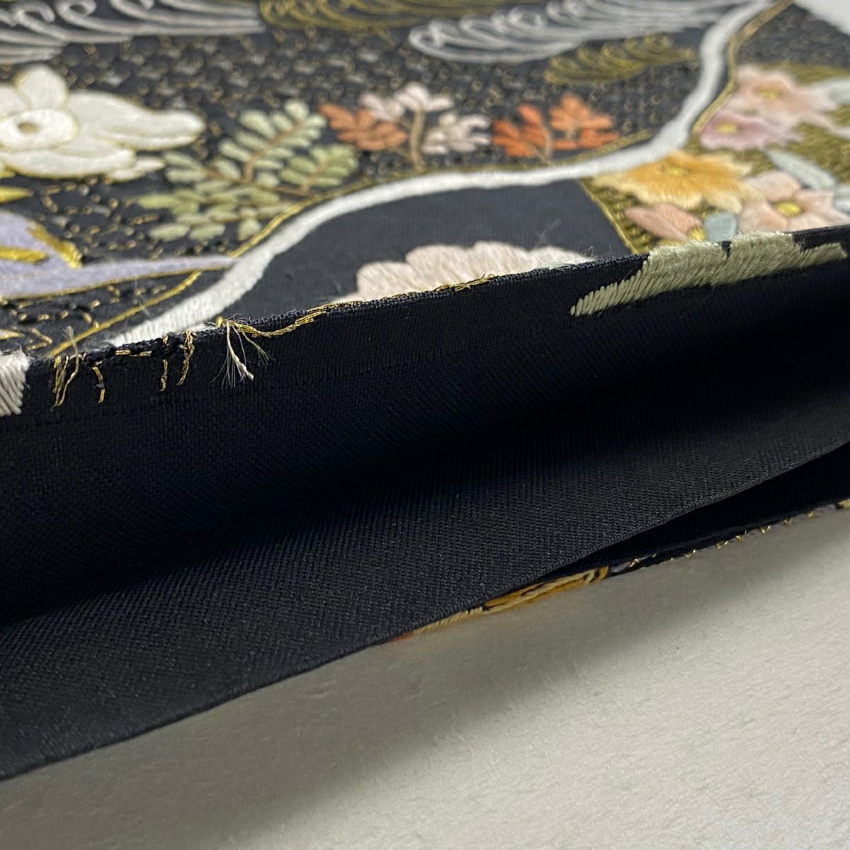 【庫存清倉】 袋帶 美品 逸品級 唐獅子 松樹竹子梅花 刺繡 金絲 黑 六通 純蠶絲