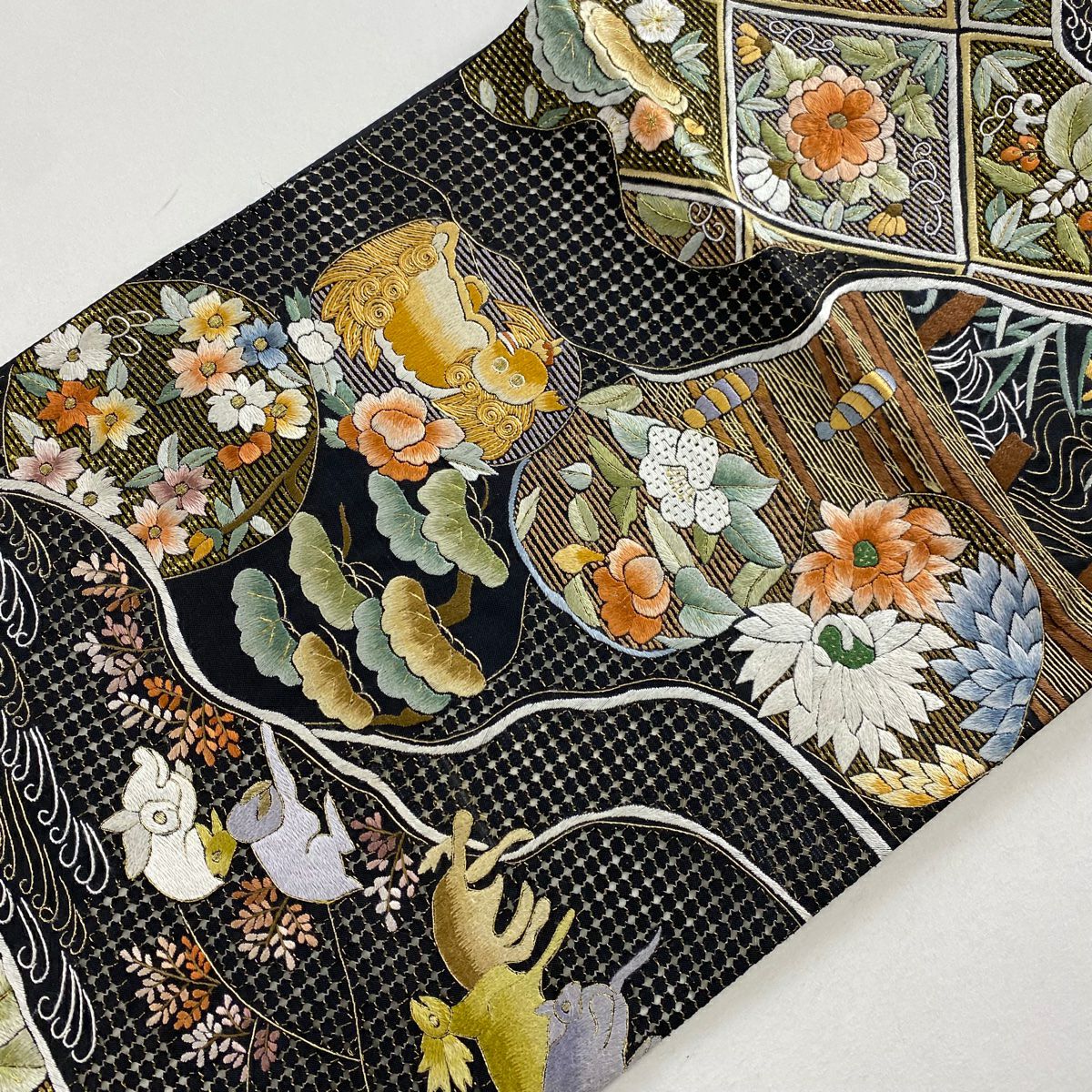 【庫存清倉】 袋帶 美品 逸品級 唐獅子 松樹竹子梅花 刺繡 金絲 黑 六通 純蠶絲