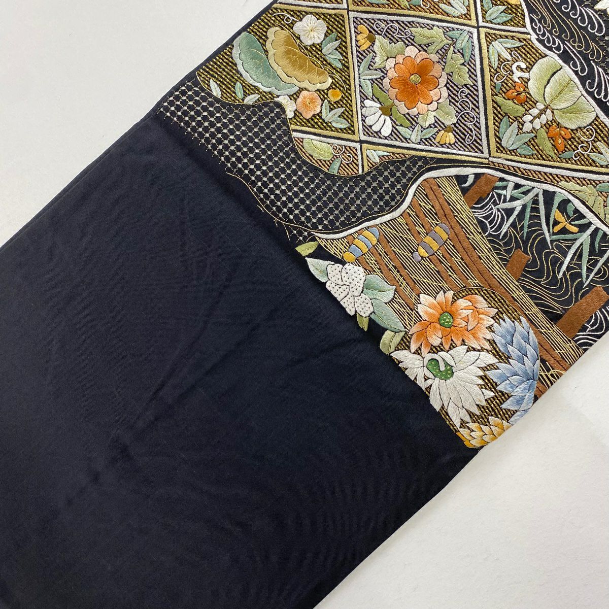 【庫存清倉】 袋帶 美品 逸品級 唐獅子 松樹竹子梅花 刺繡 金絲 黑 六通 純蠶絲